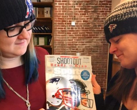 Jen and Lindsay with Super Bowl magazine